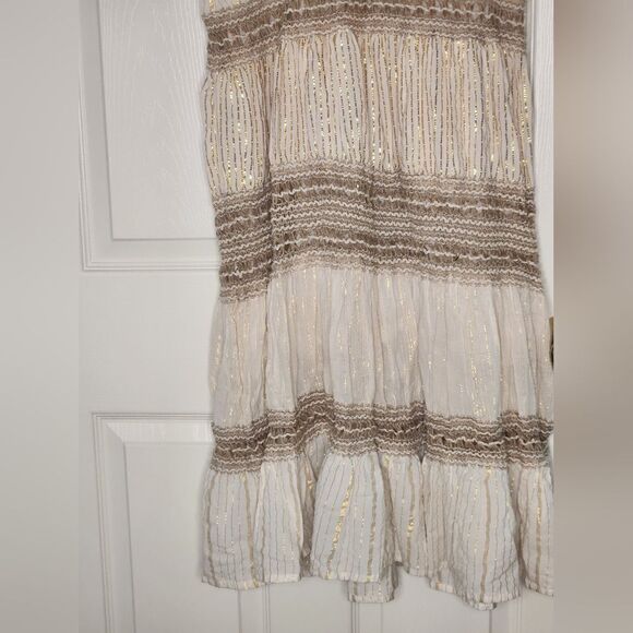 NAOO Nation AK Outfitters L Boho 100% Cotton Midi Maxi Dress Tiered Peasant Gold - Picture 14 of 14